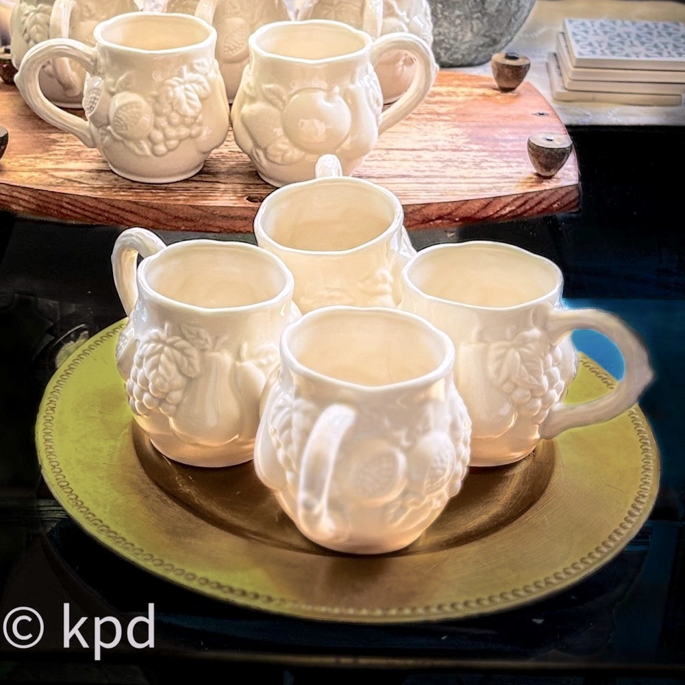 Set of 4 Mid Century White Embossed Porcelain Coffee Mugs
